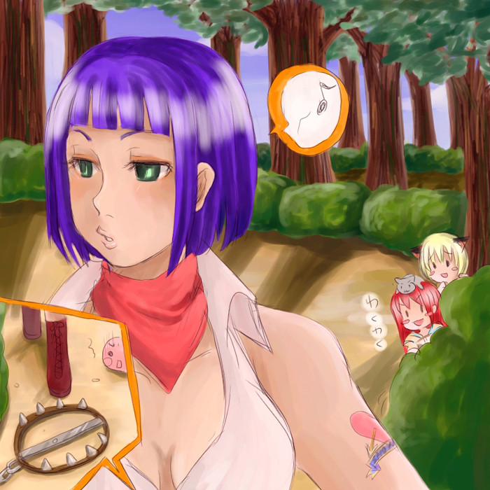 3girls alice_(afternoon_gleam) animal_ears arm_tattoo bad_source bandana bear_trap blacksmith_(ragnarok_online) blonde_hair blunt_bangs blush_stickers boots breasts cat_ears day forest green_eyes heart_attack hunter_(ragnarok_online) medium_breasts multiple_girls musical_note nature novice_(ragnarok_online) open_mouth outdoors poring purple_hair ragnarok_online red_bandana red_boots red_hair shirt short_hair sleeveless sleeveless_shirt slime_(creature) smile solo_focus spoken_musical_note tattoo upper_body v-shaped_eyebrows white_shirt
