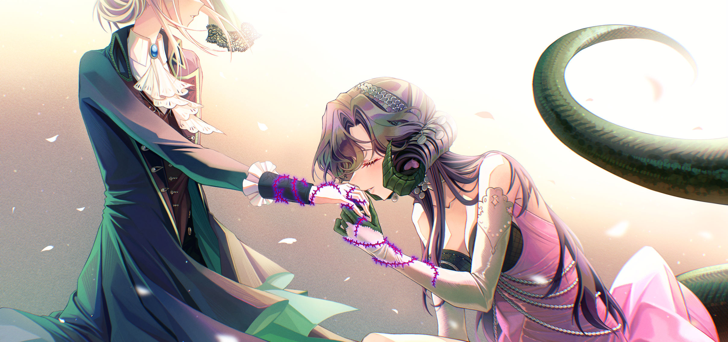 2girls anjo_nala ascot bare_shoulders black_coat black_hair black_vest breasts cleavage closed_eyes coat collared_shirt curled_horns dress from_side gloves gradient_background green_tail grey_background grey_gloves grey_hair grey_horns hair_bun hair_ornament head_out_of_frame highres holding_hands horns kiss kissing_hand lizard_tail long_hair long_sleeves low_horns medium_breasts multiple_girls pink_dress profile reverse:1999 shirt short_hair sieka_(piiroinardesco) single_side_bun sleeveless sleeveless_dress tail thorns upper_body vertin_(reverse:1999) vest waistcoat white_ascot white_background white_shirt
