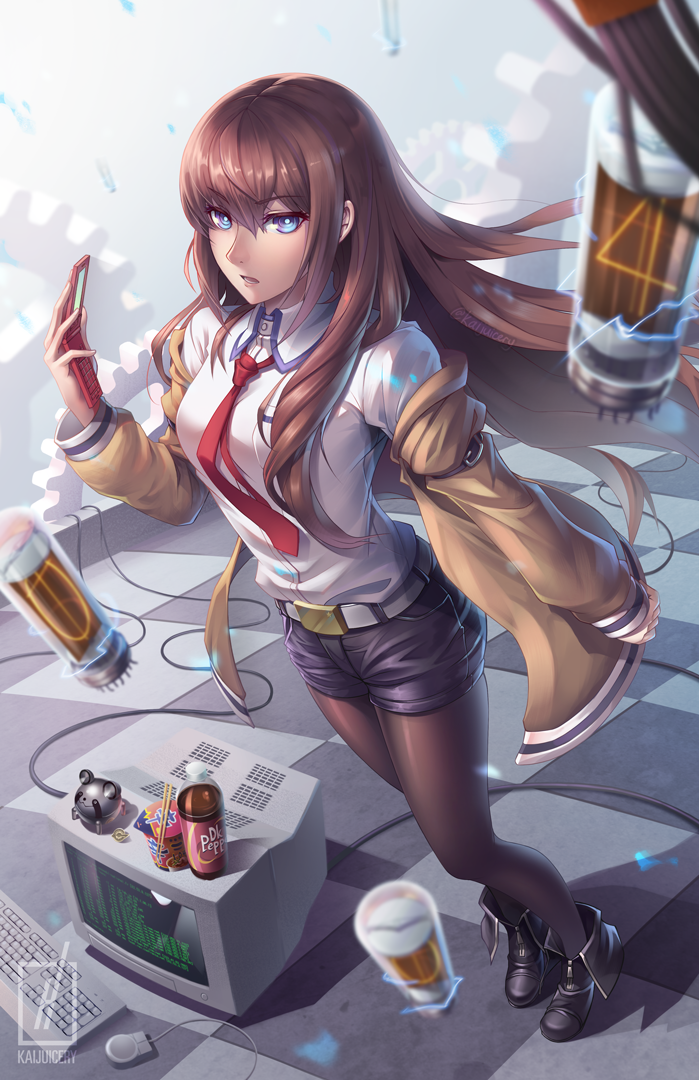 1girl belt black_pantyhose blue_eyes boots brown_hair buckle cellphone computer computer_keyboard computer_mouse dr_pepper dress_shirt female_focus floating gears hair_between_eyes jacket kaijuicery keyboard long_hair looking_at_viewer makise_kurisu monitor necktie pantyhose pantyhose_under_shorts parted_lips phone red_necktie shirt shorts solo steins;gate tagme tile_floor tiles vacuum_tube