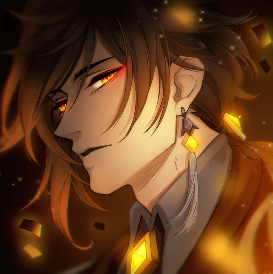1boy black_jacket brown_hair commentary earrings english_commentary eyelashes floating_hair gem genshin_impact glowing glowing_eyes grey_shirt jacket jewelry lapels looking_to_the_side male_focus orange_eyes parted_lips piercing ruebird shirt sideways_glance solo tassel tassel_earrings upper_body wing_collar yellow_gemstone zhongli_(genshin_impact)