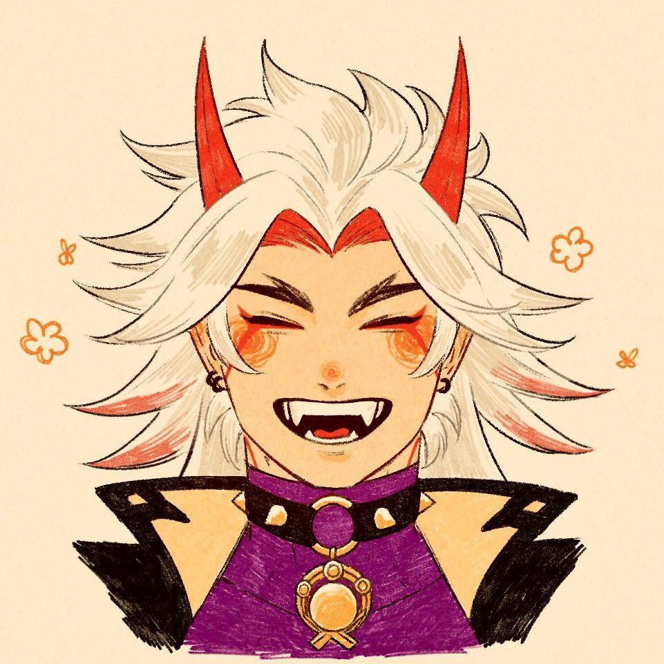 1boy arataki_itto black_choker black_coat blush choker closed_eyes coat collared_coat colored_inner_hair commentary commentary_request cropped_shoulders earrings fangs forked_eyebrows genshin_impact happy_aura horns jewelry link_rui long_hair male_focus multicolored_hair o-ring o-ring_choker parted_hair piercing purple_shirt red_hair red_horns shirt simple_background solo teeth tongue white_hair