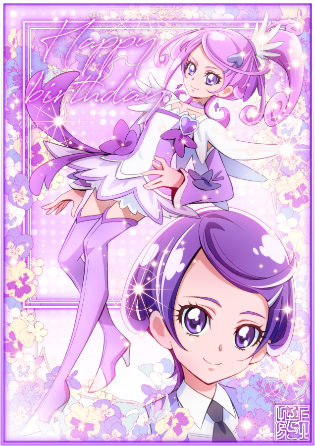 1girl arm_warmers artist_logo boots bow brooch choker cure_sword dokidoki!_precure dress earrings hair_ornament happy_birthday heart heart_brooch high_ponytail jewelry kamikita_futago logo magical_girl necktie pink_sleeves ponytail precure purple_boots purple_choker purple_dress purple_eyes purple_hair purple_skirt purple_theme shirt short_hair skirt smile solo spade_(shape) spade_earrings spade_hair_ornament thighhighs vest waist_bow white_shirt
