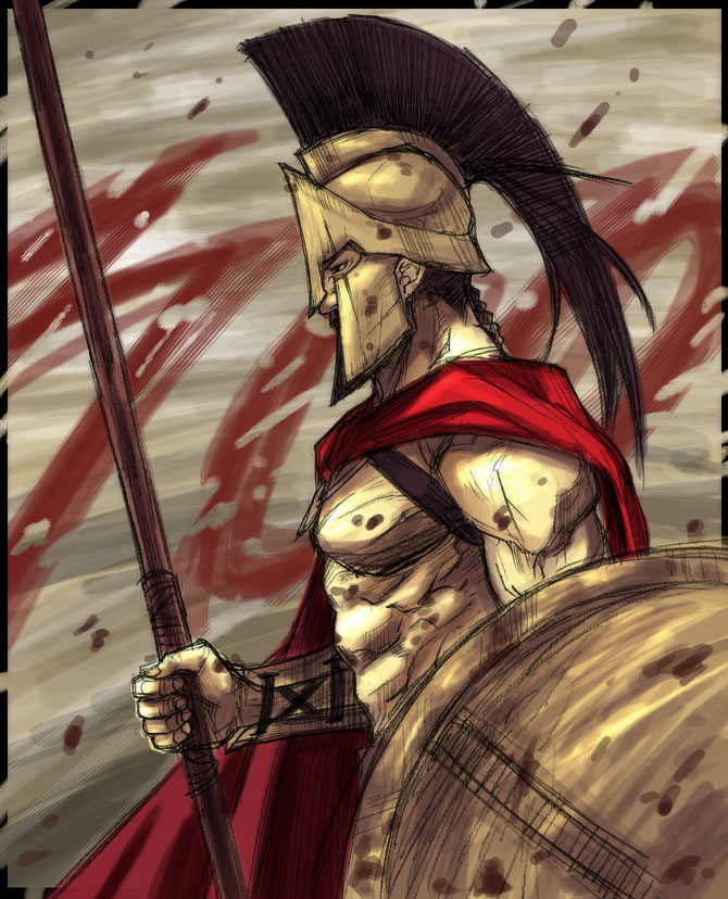 1boy 300_(movie) cape corinthian_helmet helmet leonidas male_focus muscular polearm shield solo spear tetsu_(kimuchi) vambraces weapon