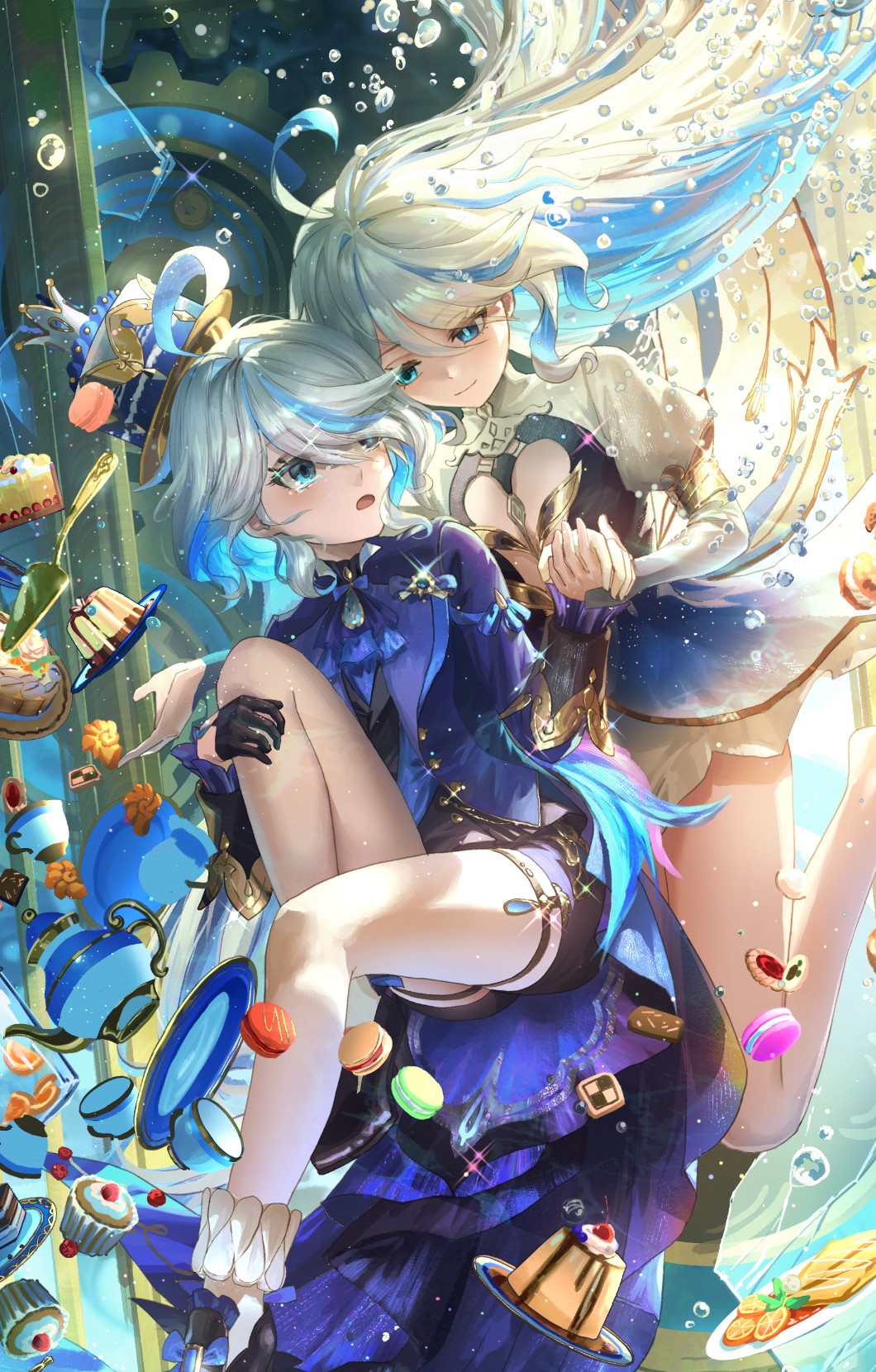&quot;pour_la_justice&quot;_(genshin_impact) 2girls ahoge ascot black_shorts blue_ascot blue_dress blue_eyes blue_gemstone blue_hair blue_jacket blue_pupils blush cake chinese_commentary closed_mouth commentary_request conch_madelaine_(genshin_impact) dress drop-shaped_pupils food foot_out_of_frame foot_up furina_(genshin_impact) gem genshin_impact gradient_clothes gradient_dress hair_between_eyes hebbtia heterochromia highres holding_hands invisible_chair jacket leg_up light_blue_hair long_hair long_sleeves looking_at_another macaron multicolored_hair multiple_girls open_mouth ouji_fashion shorts sitting smile streaked_hair symbol-shaped_pupils tearing_up thigh_strap very_long_hair water_drop white_hair white_sleeves