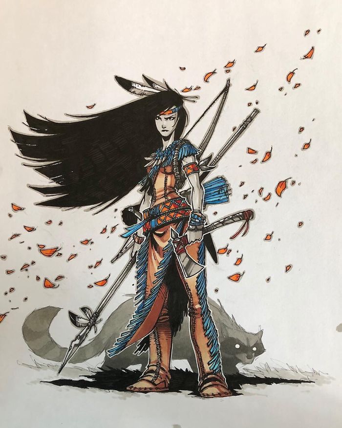 1girl alternate_costume animal artist_request black_hair feather_hair_ornament feathers full_body hair_ornament holding holding_weapon native_american petals pocahontas_(disney) pocahontas_(movie) polearm raccoon serious shoes spear tomahawk weapon