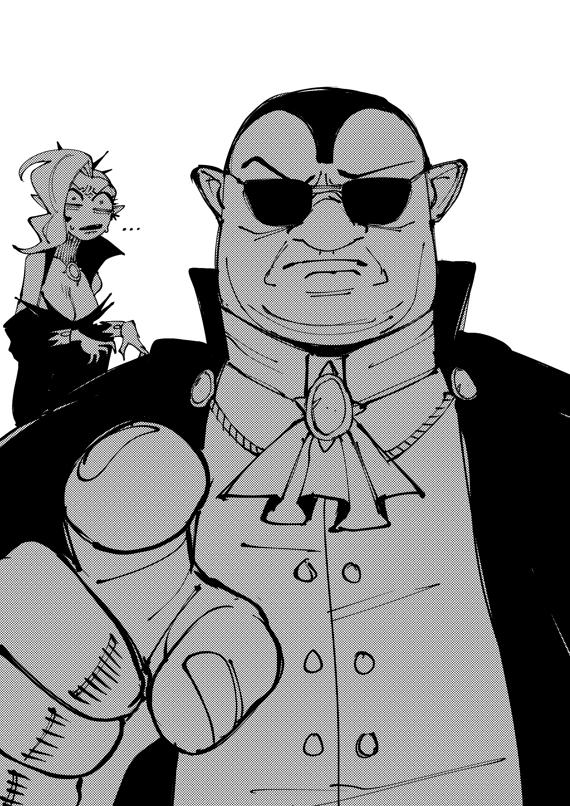 ... 1boy absurdres black_dress breasts cleavage confused dracula dracula_flow_(meme) dress gingrjoke highres husband_and_wife looking_at_viewer meme miss_feratu_(gingrjoke) old old_man open_mouth original pointing pointing_at_viewer pointy_ears real_life shirt short_hair solo_focus sunglasses vampire widow&#039;s_peak