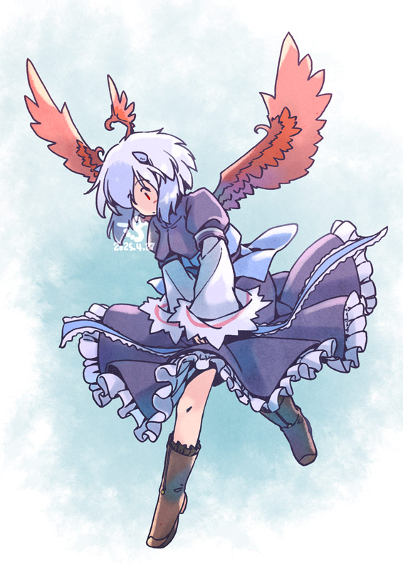 1girl bird_wings blue_dress blue_hair boots brown_boots dress feathered_wings frilled_dress frills head_wings horns leg_up long_sleeves looking_down multicolored_hair rangycrow red_wings short_hair single_head_wing solo tokiko_(touhou) touhou two-tone_hair wide_sleeves wings