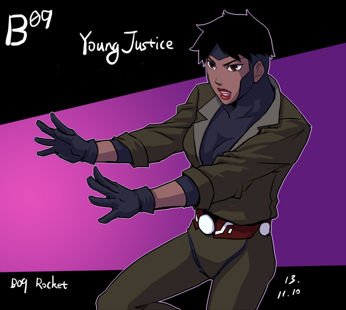 1girl black_hair character_name dark_skin dark-skinned_female dc_comics female_focus gloves jacket raquel_ervin riyan rocket_(dc) solo young_justice:_invasion