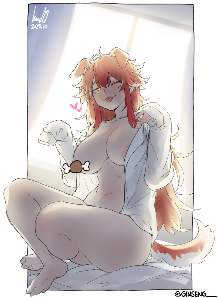 1girl :3 animal_ears bed bed_sheet boned_meat breasts censored collarbone dog_ears dog_tail fenrir_(last_origin) food full_body ginseng_(xin) glowing glowing_eyes heart indoors large_breasts last_origin long_hair long_sleeves looking_at_viewer meat multicolored_hair naked_shirt nipple_slip nipples on_bed one_eye_closed red_hair shirt sleeves_past_fingers sleeves_past_wrists solo tail tongue tongue_out two-tone_hair white_hair