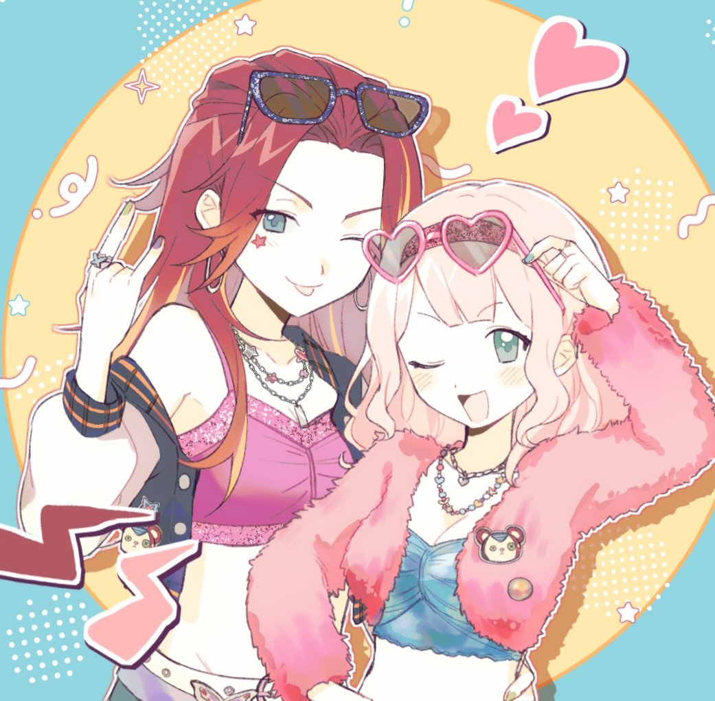 2girls :d ;p arm_up badge bang_dream! black_jacket blue_background blue_eyes blush breasts butterfly_ring button_badge buttons center-flap_bangs chi-squared chinese_commentary cleavage commentary_request crop_top curtained_hair double-parted_bangs eyewear_on_head facial_tattoo fur_jacket green_eyes hair_over_shoulder hairband hand_on_another&#039;s_waist hand_on_headwear hand_up heart heart-shaped_eyewear heart_necklace horns_pose jacket jacket_partially_removed jewelry long_sleeves looking_at_viewer multicolored_jacket multicolored_nails multiple_girls necklace official_alternate_costume one_eye_closed open_clothes open_jacket open_mouth outline pink_hair pink_jacket puffy_sleeves red_hair ring side-by-side sidelocks sleeveless smile star_(symbol) star_tattoo tattoo tongue tongue_out two-tone_jacket udagawa_tomoe uehara_himari wavy_hair white_jacket white_outline yellow_background