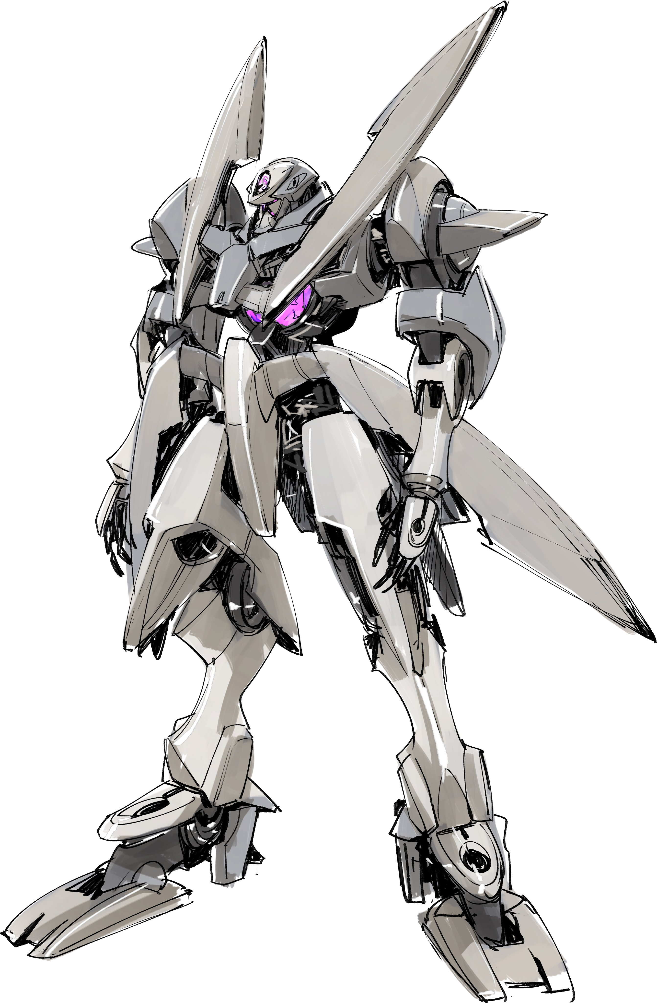 absurdres commentary full_body gn-x gundam gundam_00 highres ikuhana_niiro mecha mecha_focus mobile_suit no_humans purple_eyes robot science_fiction simple_background symbol-only_commentary