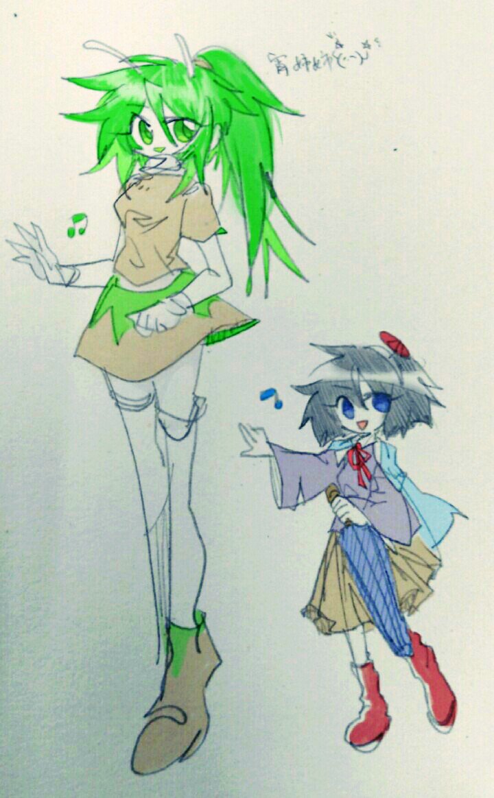 2girls adapted_costume amanomiya_jun amanomori_shou antennae black_hair blue_eyes blue_umbrella boots breasts brown_shirt brown_shoes brown_skirt chinese_text closed_umbrella colored_skin full_body genderswap genderswap_(otf) green_eyes green_hair hair_between_eyes hairband holding holding_umbrella len&#039;en ling_s long_hair long_legs long_sleeves miniskirt multiple_girls musical_note neck_ribbon ponytail purple_shirt red_boots red_ribbon ribbon shirt shoes short_hair skirt small_breasts thighhighs traditional_media translation_request umbrella white_hairband white_skin white_thighhighs wide_sleeves