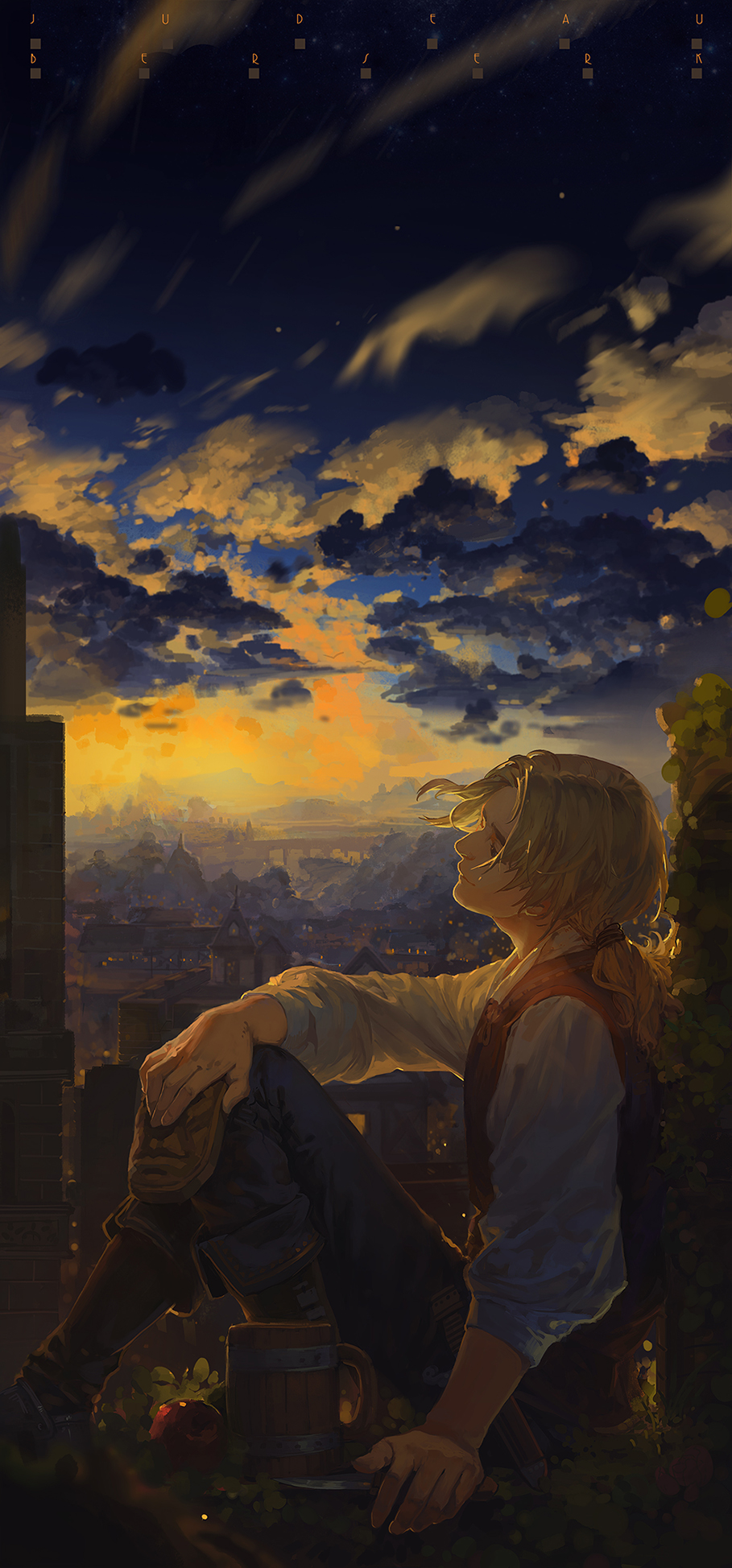 1990s_(style) 1boy apple berserk blonde_hair boots character_request city cityscape cloud cloudy_sky cup flower food fruit highres hunsay judeau_(berserk) knife landscape low_ponytail male_focus mug ponytail retro_artstyle rose scenery short_hair sitting sky smile solo