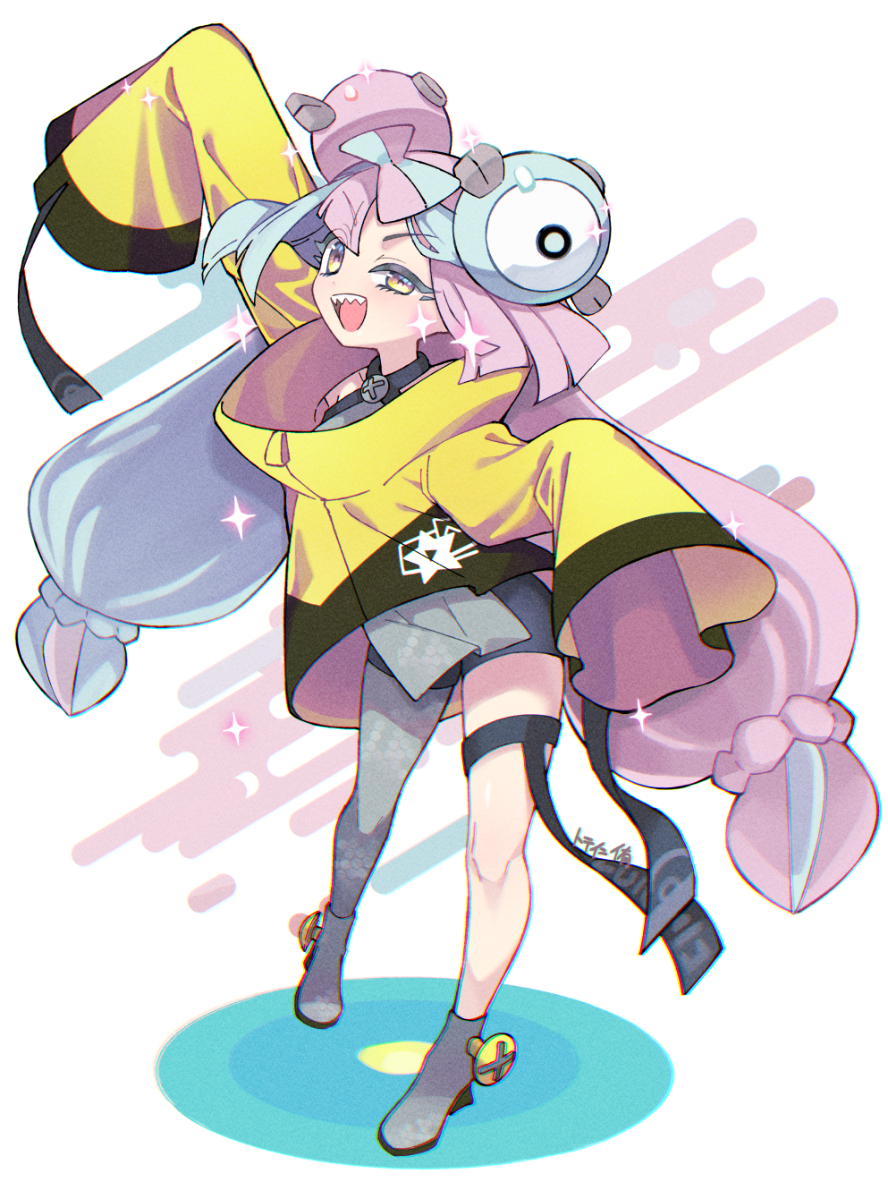 bow-shaped_hair character_hair_ornament creatures_(company) game_freak grey_pantyhose hair_ornament hexagon_print highres iono_(pokemon) jacket long_hair low-tied_long_hair minamidena multicolored_hair nintendo oversized_clothes pantyhose pokemon pokemon_sv sharp_teeth single_leg_pantyhose sleeves_past_fingers sleeves_past_wrists split-color_hair teeth two-tone_hair very_long_sleeves x yellow_jacket