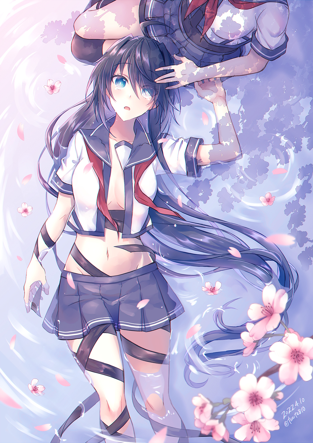 2girls ahoge black_hair blue_eyes breasts cherry_blossoms dated flower furutaka_(kancolle) furutaka_kai_ni_(kancolle) hair_ornament hairclip highres kabocha_torute kako_(kancolle) kako_kai_ni_(kancolle) kantai_collection large_breasts long_hair lying md5_mismatch messy_hair midriff multiple_girls navel neckerchief no_bra on_back open_clothes open_shirt parted_bangs petals pink_flower pleated_skirt red_neckerchief ripples school_uniform serafuku short_sleeves single_thighhigh sitting skirt solo_focus tears thighhighs very_long_hair yokozuwari