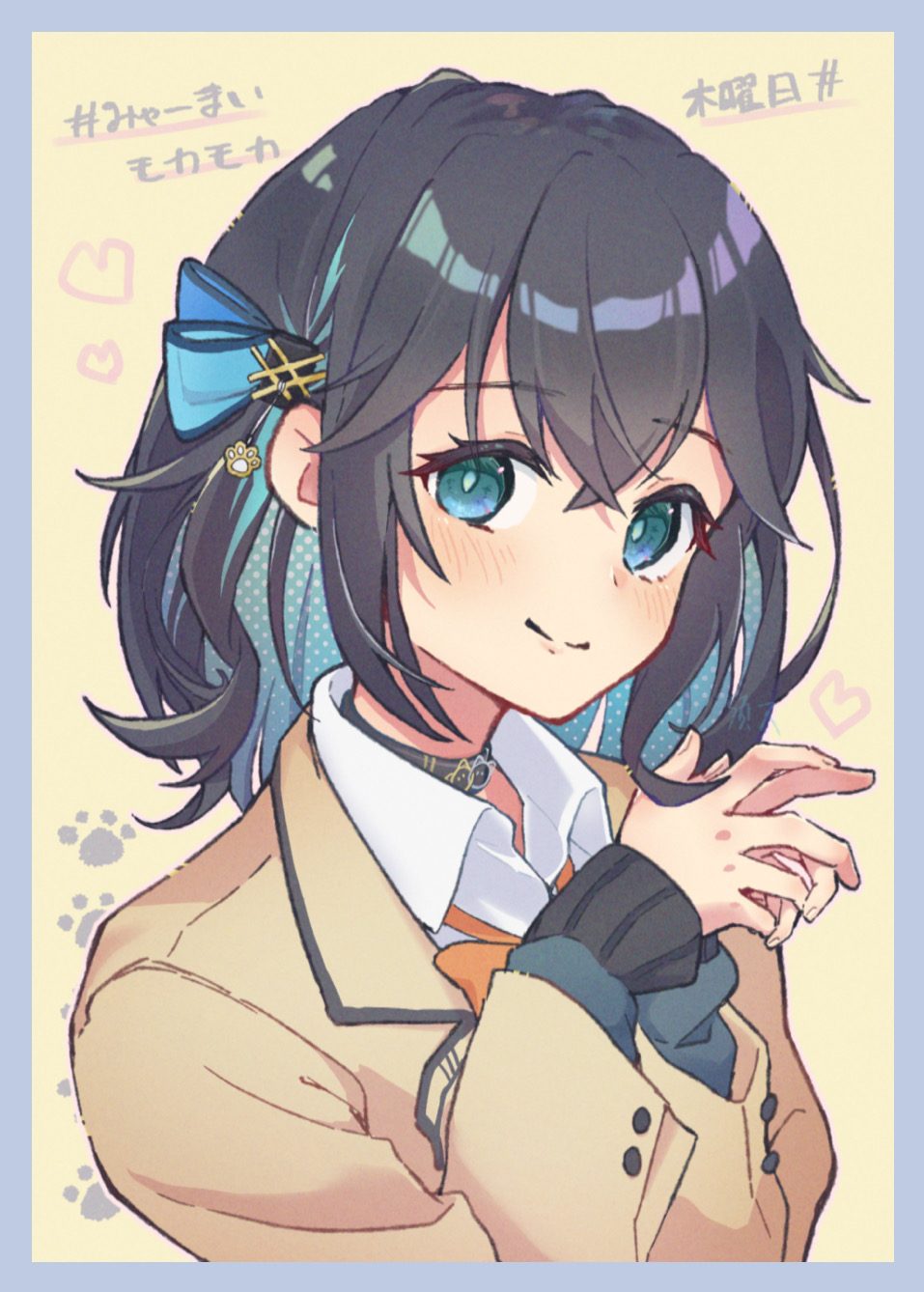 1girl aqua_bow aqua_eyes aqua_hair blazer blue_border blush border bow bowtie brown_jacket buttons choker closed_mouth collared_shirt colored_inner_hair crossed_bangs fingernails grey_choker grey_hair grey_sweater hair_between_eyes hair_bow halftone heart highres jacket layered_sleeves long_sleeves looking_at_viewer medium_hair miyamai_moca multicolored_hair orange_bow orange_bowtie outline own_hands_together pink_outline shirt smile solo suama_(haruichi) sweater upper_body voicepeak white_shirt yellow_background