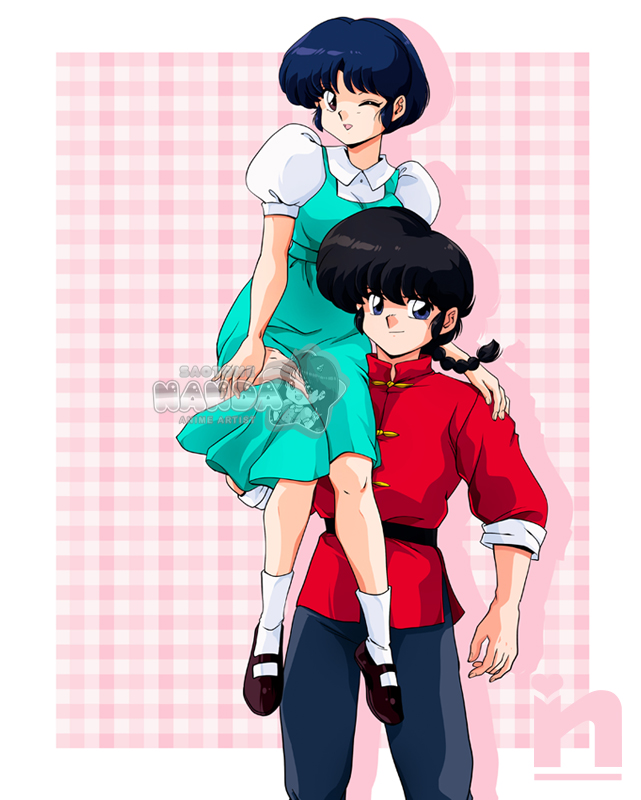 1boy 1girl black_footwear blue_eyes blue_hair braid braided_ponytail couple fuurinkan_high_school_uniform hetero one_eye_closed ranma_1/2 saotome_nanda saotome_ranma school_uniform short_hair smile socks tendou_akane watermark white_socks