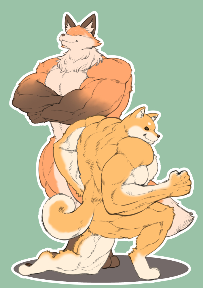 2boys biceps black_eyes black_fur brown_fur closed_eyes crossed_arms dog flexing fox full_body green_background kneeling meme multicolored_fur multiple_boys muscle_fox muscular muscular_male nenbuta nude orange_fur outline pectorals right-hook_dog shadow simple_background smile standing two-tone_fur white_fur