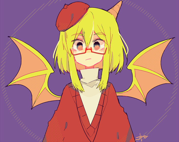 1girl demon_girl demon_wings funamusea glasses haiiro_teien hat horns looking_at_viewer red_sweater sakiroll single_horn sweater turtleneck v wings yosafire_(funamusea)