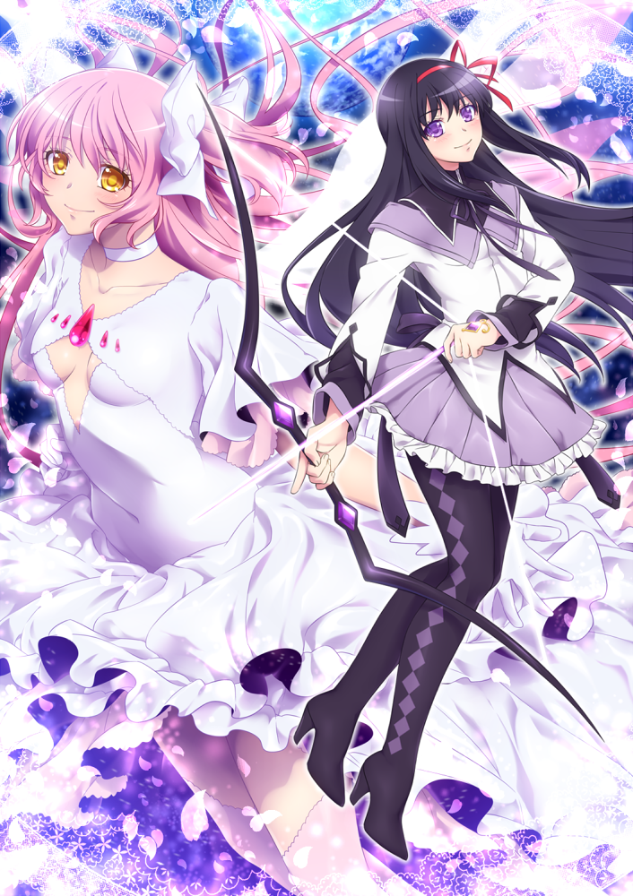 0417nao 2girls akemi_homura akemi_homura_(magical_girl) argyle_clothes argyle_footwear arrow_(projectile) black_footwear black_hair black_ribbon black_shirt boots bow bow_(weapon) breasts capelet choker cleavage closed_mouth collarbone collared_shirt covered_navel dress dress_shirt floating_hair frilled_skirt frills full_body hair_bow hair_ribbon hairband high_heel_boots high_heels holding holding_arrow holding_bow_(weapon) holding_weapon jacket kaname_madoka long_hair long_sleeves mahou_shoujo_madoka_magica mahou_shoujo_madoka_magica_(anime) miniskirt multiple_girls neck_ribbon pink_hair pleated_skirt purple_eyes purple_skirt red_hairband red_ribbon ribbon shirt skirt small_breasts smile thigh_boots thighhighs twintails ultimate_madoka very_long_hair weapon white_bow white_capelet white_choker white_dress white_jacket white_legwear wing_collar yellow_eyes