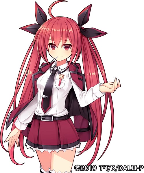 1girl black_ribbon bow bowtie candy date_a_live edamame_senpai food itsuka_kotori jacket lollipop long_hair official_art red_eyes red_hair red_jacket red_skirt ribbon skirt smile solo twintails vivid_army