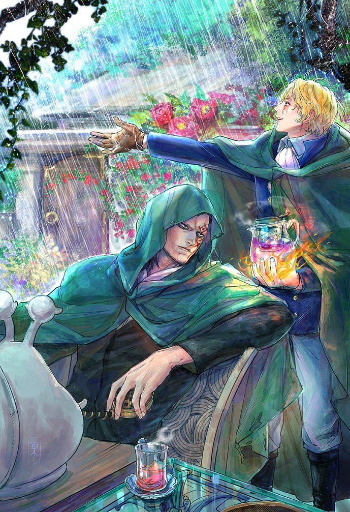 2boys ascot black_hair black_shirt blonde_hair blue_shirt brown_gloves den_den_mushi devil_fruit_power eg_(eastg111) facial_tattoo fire flower garden glass gloves green_raincoat holding holding_jug holding_phone long_hair monkey_d._dragon multiple_boys one_piece outstretched_arm parted_lips phone rain raincoat red_flower sabo_(one_piece) scar scar_across_eye scar_on_face shirt short_hair sitting smile standing table tattoo white_ascot