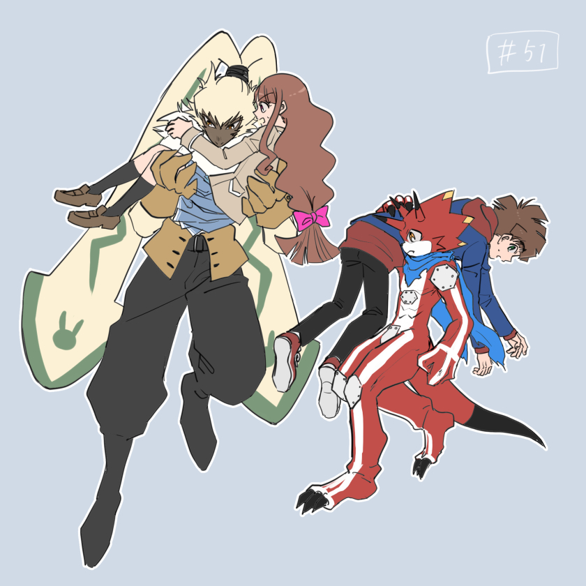 amanokawa_hiro betelgammamon brown_hair digimon digimon_ghost_game green_eyes long_hair pink_eyes rabbit_boy short_hair symbareangoramon tsukiyono_ruli