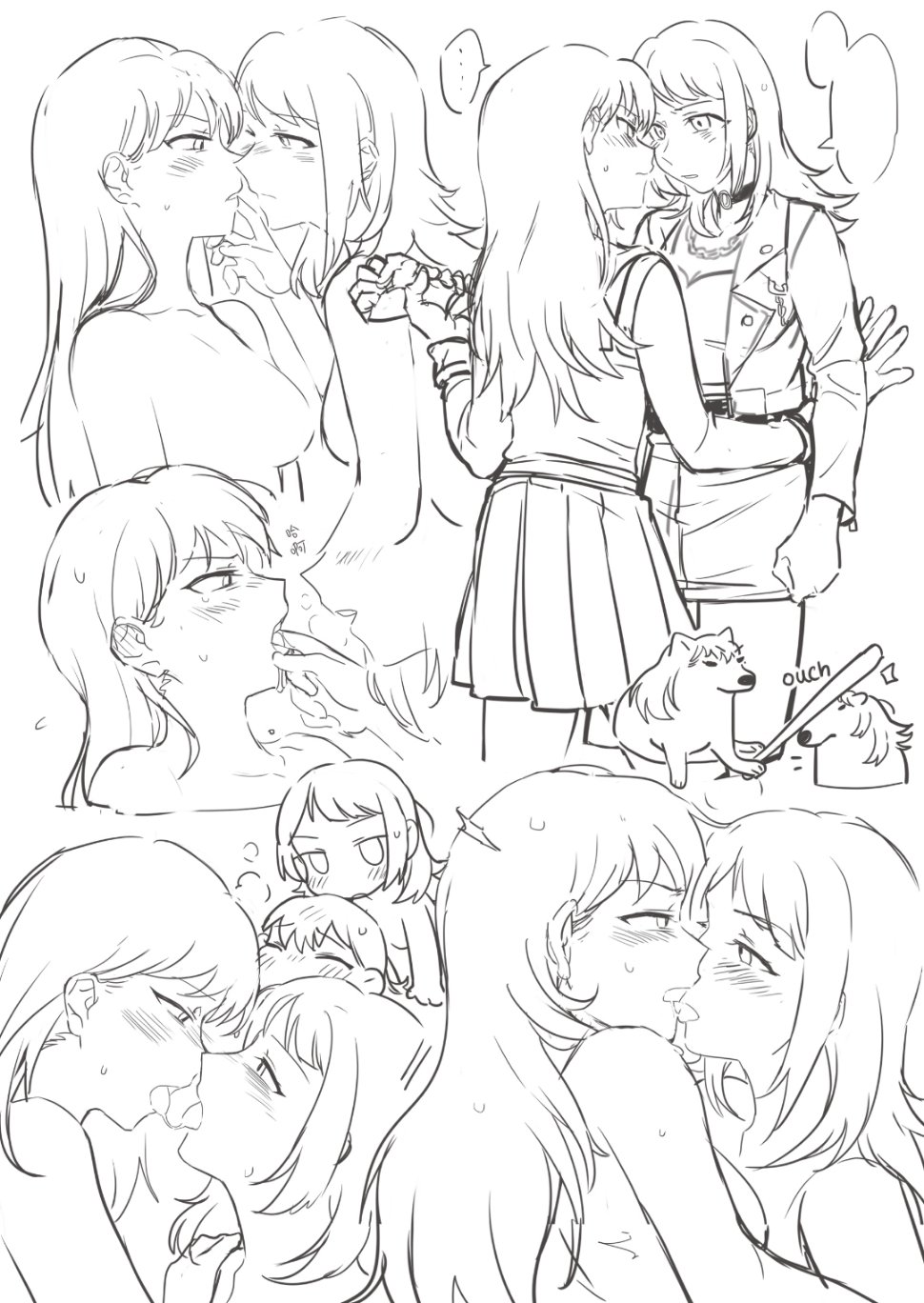 2girls after_kiss bang_dream! bang_dream!_it&#039;s_mygo!!!!! blush bonk breasts chain chain_necklace choker commentary earrings eye_contact greyscale hand_in_another&#039;s_mouth hand_on_another&#039;s_face hashtag-only_commentary highres holding_another&#039;s_wrist jacket jewelry large_breasts long_hair looking_at_another monochrome multiple_girls necklace nude open_clothes open_jacket pleated_skirt shiina_taki skirt tongue tongue_out xbox_ox yahata_umiri yuri