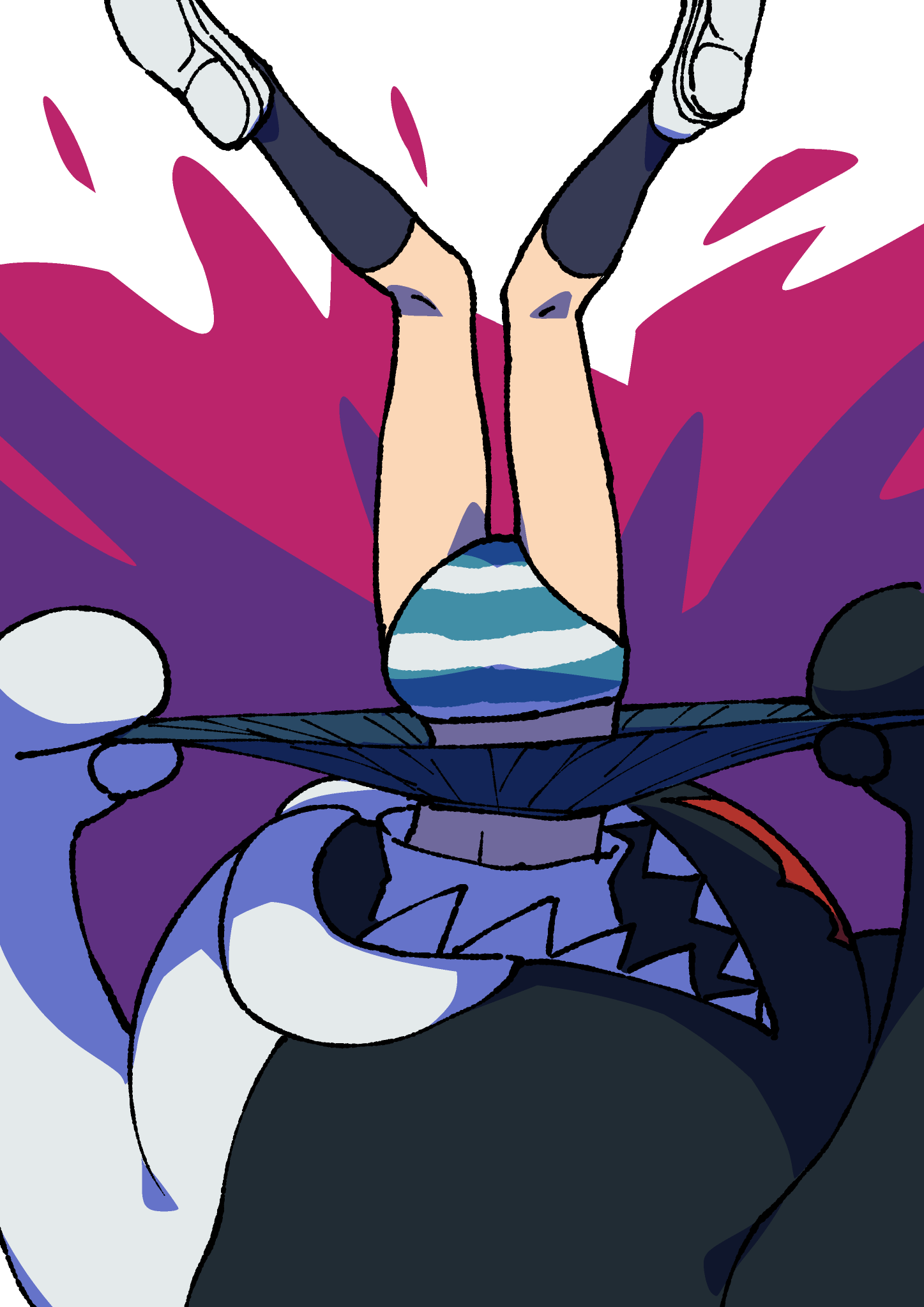 1girl ass black_skirt black_socks clothes_pull danganronpa:_trigger_happy_havoc danganronpa_(series) danganronpa_another_episode:_ultra_despair_girls from_behind highres kneehighs monokuma naegi_komaru open_mouth pleated_skirt sharp_teeth shirt shoes skirt skirt_pull socks striped_clothes striped_shirt teeth white_shirt white_shoes youko-shima