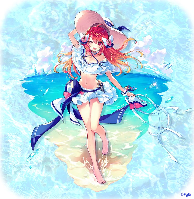 1girl ;d ahoge bikini bow cloud commentary_request day floating_hair frilled_bikini frills full_body hand_on_headwear hat hercule_(phantom_of_the_kill) holding holding_sandals long_hair looking_at_viewer navel no_socks official_alternate_costume official_art one_eye_closed open_mouth outdoors phantom_of_the_kill red_eyes red_hair sandals scrunchie second-party_source shibuhiko smile solo standing straw_hat swimsuit teeth upper_teeth_only wedge_heels white_bikini white_bow white_sandals white_scrunchie
