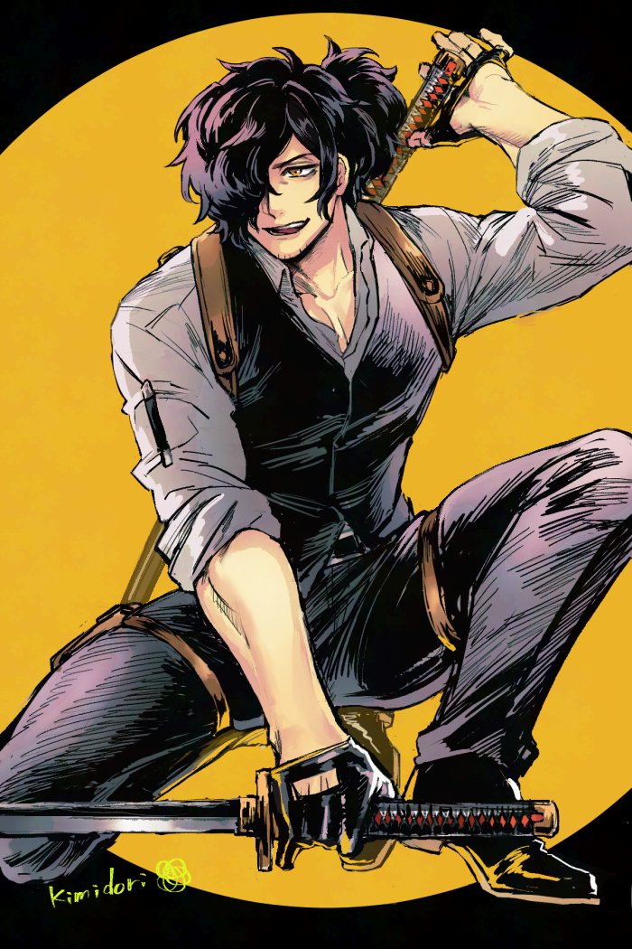 01rosso 1boy black_hair black_pants black_shoes black_vest collarbone commentary_request dual_wielding fate/grand_order fate_(series) hair_over_one_eye holding katana male_focus okada_izou_(fate) open_mouth pants pectoral_cleavage pectorals shirt shoes solo sparse_stubble sword vest weapon white_shirt yellow_eyes