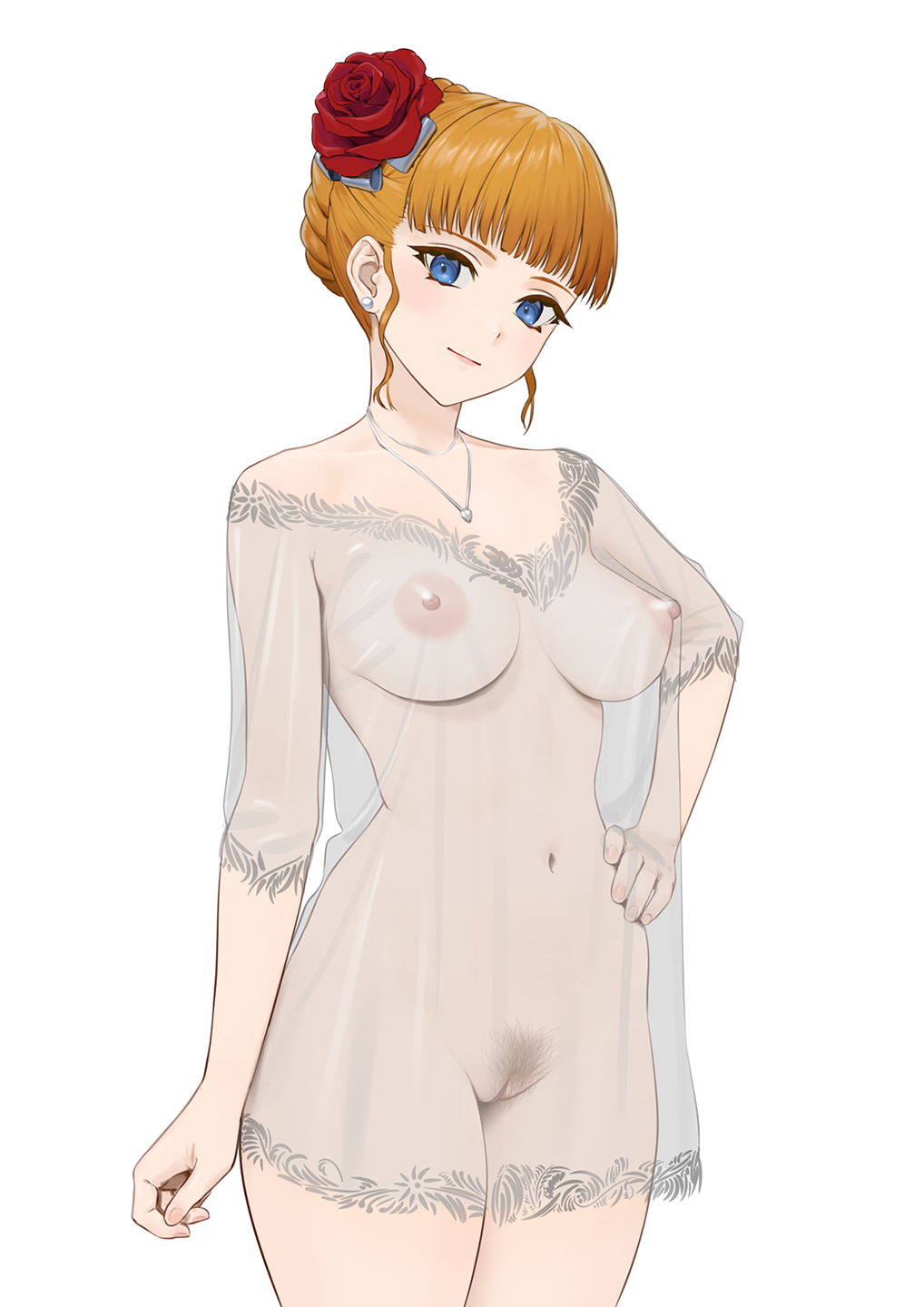 1girl arm_at_side beatrice_(umineko) blue_eyes blunt_bangs braid breasts carlo_montie closed_mouth commentary commission covered_erect_nipples cowboy_shot earrings english_commentary female_pubic_hair flower hair_flower hair_ornament hand_on_own_hip head_tilt highres jewelry large_breasts legs_together light_blush light_smile navel necklace nightgown nipples orange_hair pubic_hair pussy red_flower red_rose rose see-through_clothes sidelocks simple_background single_earring sleepwear solo standing umineko_no_naku_koro_ni uncensored white_background