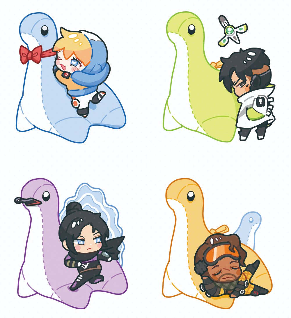 2boys 2girls :3 animification apex_legends belt black_bodysuit black_gloves black_hair black_pants blonde_hair blue_gloves bodysuit bow bright_pupils brown_belt chibi crypto_(apex_legends) facial_hair gloves goatee hack_(apex_legends) heart heart-shaped_pupils hologram hood hood_down hooded_jacket jacket korean_commentary looking_back mirage_(apex_legends) multiple_boys multiple_girls namjak nessie_(respawn) non-humanoid_robot orange_bodysuit orange_jacket pants portal_(object) red_bow robot simple_background smile stuffed_toy symbol-shaped_pupils v-shaped_eyebrows wattson_(apex_legends) white_jacket white_pupils wraith_(apex_legends)