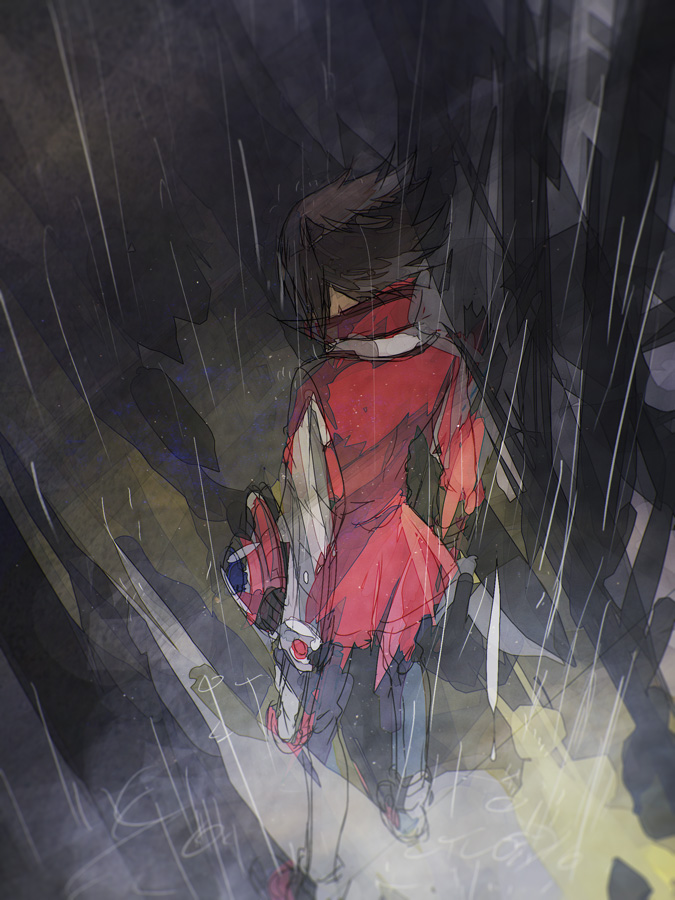 black_shirt duel_disk facing_away grey_pants in_shadow jacket light_rays looking_down male_focus moribuden open_clothes open_jacket outdoors pants popped_collar rain red_footwear red_jacket road shadow shirt sidewalk street water_drop yu-gi-oh! yu-gi-oh!_gx yuki_judai