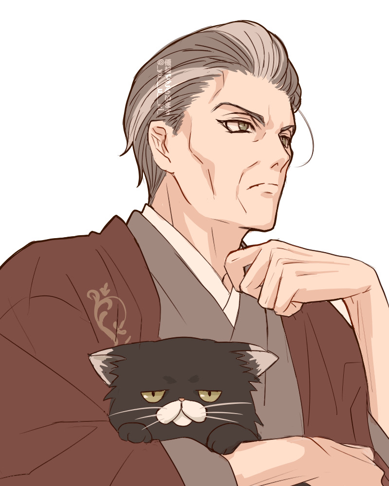 1boy animal brown_coat cat coat commentary_request green_eyes grey_hair grey_kimono haori holding holding_animal holding_cat japanese_clothes kimono looking_to_the_side lucius_(twisted_wonderland) male_focus mozus_trein multicolored_hair short_hair simple_background solo streaked_hair twisted_wonderland upper_body white_background yuuki_(yukko7474)