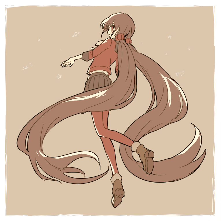 1girl black_sailor_collar black_skirt blunt_bangs boots border bow bowtie brown_background brown_boots brown_hair commentary_request danganronpa_(series) danganronpa_v3:_killing_harmony eyelashes from_behind full_body hair_ornament hair_scrunchie harukawa_maki high_heel_boots high_heels long_hair long_sleeves looking_at_viewer looking_back low_twintails midriff_peek miniskirt mole mole_under_eye open_mouth planet planetary_ring pleated_skirt red_eyes red_scarf red_shirt red_thighhighs ruri_(2620981) sailor_collar scarf school_uniform scrunchie serafuku shirt shooting_star_(symbol) simple_background skirt solo star_(symbol) thighhighs twintails very_long_hair white_border white_bow white_bowtie