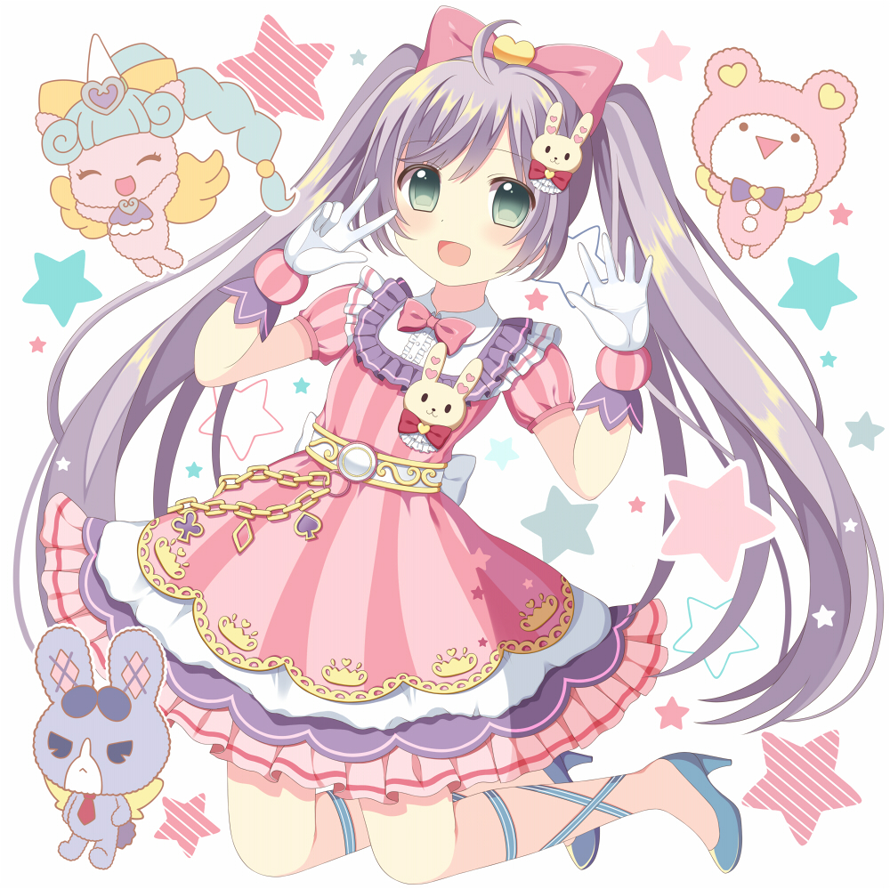 1girl :d ahoge ankle_lace-up blue_shoes blush bow chain dress female_focus frills full_body gloves green_eyes hair_bow hair_ornament heart high_heels kuma_(pripara) layered_dress long_hair looking_at_viewer manaka_laala no_socks open_mouth pink_bow pretty_series pripara purple_hair rabbit_hair_ornament riria_(happy_strawberry) shoes short_sleeves smile solo star_(symbol) star_symbol_background striped_clothes striped_dress twintails unicorn_(pripara) usagi_(pripara) vertical-striped_clothes vertical-striped_dress w
