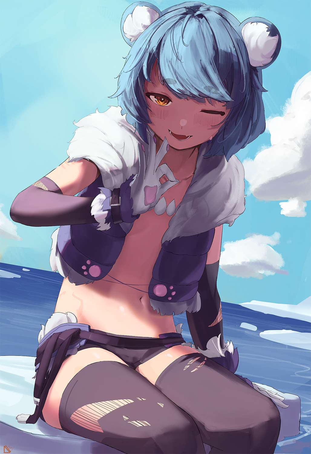 1girl animal_ears animal_hands bear_ears bear_girl black_shorts black_sleeves black_thighhighs blue_hair brown_eyes cloud collarbone cropped_jacket detached_sleeves fur-trimmed_jacket fur_trim highres iceberg icey_snowpaws jacket navel ocean one_eye_closed open_clothes open_jacket open_mouth paw_print rurikon short_hair shorts sky solo thighhighs torn_clothes torn_sleeves torn_thighhighs vallure virtual_youtuber