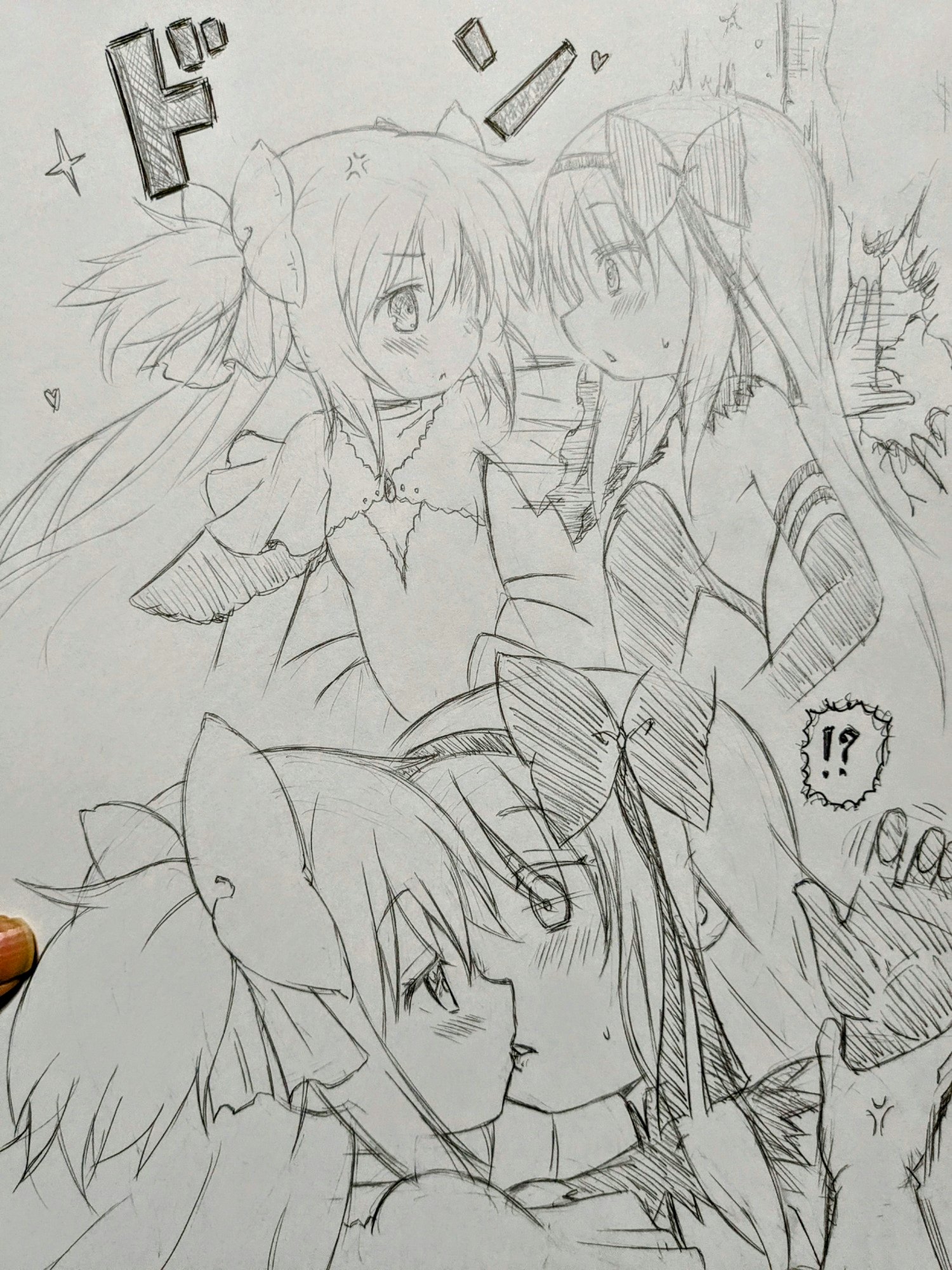 !? 2girls akemi_homura akuma_homura anger_vein assertive_female blush bow breasts cleavage elbow_gloves eye_contact gloves graphite_(medium) hair_bow heart highres kabedon kaname_madoka kiss long_hair looking_at_another low_neckline mahou_shoujo_madoka_magica mahou_shoujo_madoka_magica_(anime) matsubara_ryuu monochrome multiple_girls parted_lips sidelocks sketch small_breasts star_(symbol) traditional_media triangle_mouth two_side_up ultimate_madoka yuri