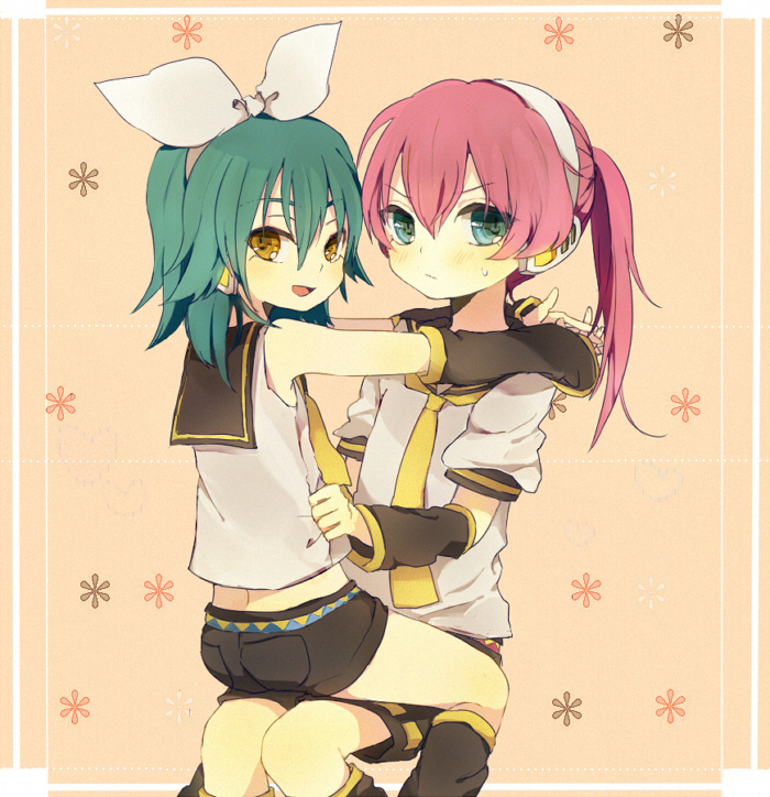 2boys :d androgynous aqua_hair bad_id bad_pixiv_id bare_shoulders blue_eyes border bow cosplay detached_sleeves hair_bow headphones honey0x0x0 inazuma_eleven inazuma_eleven_(series) inazuma_eleven_go kagamine_len kagamine_len_(cosplay) kagamine_rin kagamine_rin_(cosplay) kariya_masaki kirino_ranmaru male_focus multiple_boys open_mouth pink_hair ponytail shorts sitting sitting_on_lap sitting_on_person smile trap usamito vocaloid yellow_eyes