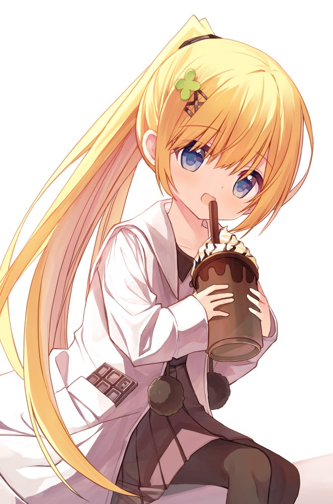 1girl :d black_pantyhose blonde_hair blue_eyes blush brown_shirt brown_skirt candy chocolate chocolate_bar clover_hair_ornament collared_shirt commentary_request cup drinking_straw feet_out_of_frame flower_girl_(yuuhagi_(amaretto-no-natsu)) food four-leaf_clover_hair_ornament hair_between_eyes hair_ornament hairclip holding holding_cup jacket long_hair looking_at_viewer open_clothes open_jacket open_mouth original pantyhose pleated_skirt ponytail shirt skirt smile solo very_long_hair white_background white_jacket x_hair_ornament yuuhagi_(amaretto-no-natsu)