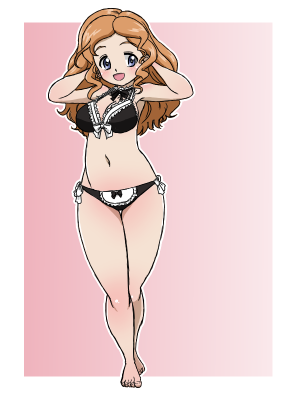 1girl alternate_costume barefoot bikini black_bikini black_ribbon blue_eyes collarbone detached_collar frilled_bikini frilled_bikini_top frills front-tie_bikini_top front-tie_top girls_und_panzer hands_on_own_head isabe_(girls_und_panzer) lace lace-trimmed_bikini lace_trim long_hair navel orange_hair ribbon side-tie_bikini_bottom swimsuit takahashi_kurage