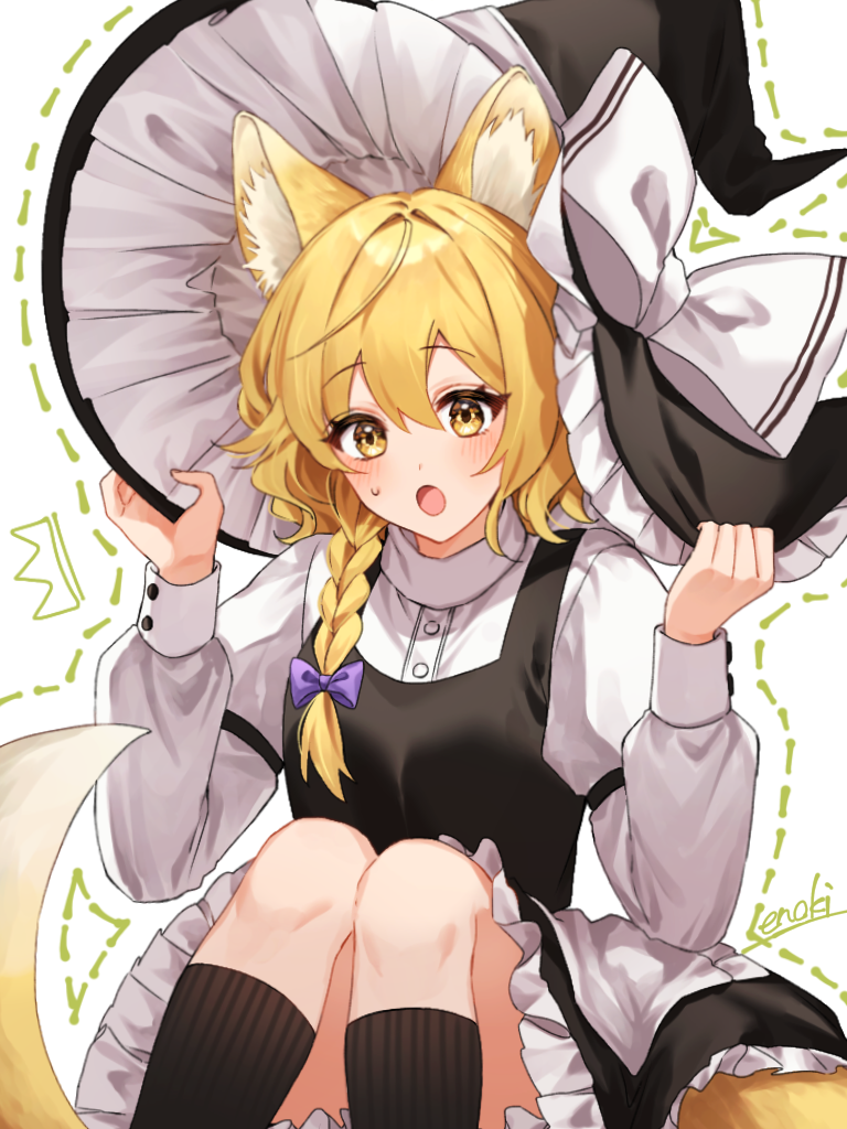 1girl :o animal_ear_fluff animal_ears apron black_hat black_skirt black_socks black_vest blonde_hair bow braid closed_mouth commentary_request cosplay dotted_line enoki_3106 feet_out_of_frame fox_ears fox_tail frilled_hat frills hair_between_eyes hair_bow hand_on_headwear hat hat_bow kirisame_marisa kirisame_marisa_(cosplay) knees_up long_hair long_sleeves purple_bow shirt signature single_braid skirt socks solo tail touhou vest waist_apron white_apron white_bow white_shirt wild_and_horned_hermit witch_hat yellow_eyes youkai_fox_(wild_and_horned_hermit)