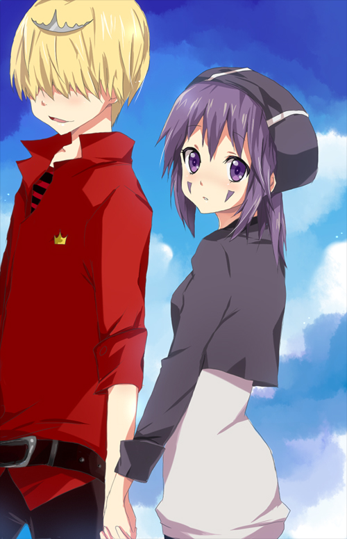 1boy 1girl bad_id bad_pixiv_id belphegor_(reborn) crown genderswap genderswap_(mtf) katekyo_hitman_reborn! mammon_(reborn) miao_(artist) purple_eyes purple_hair shirt