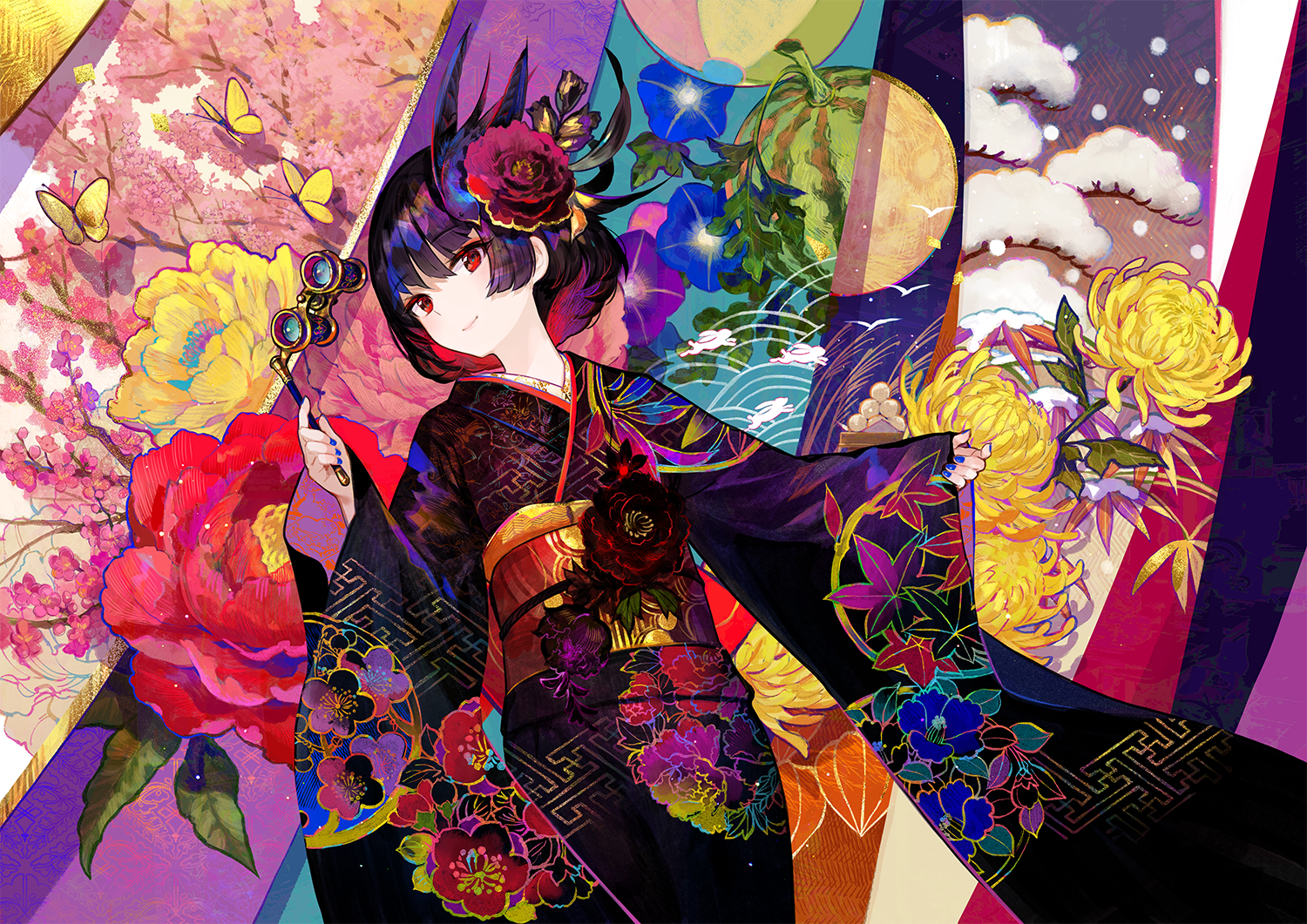 1girl black_hair black_kimono bug butterfly camellia_print colorful floral_print flower food fruit fuzichoco glasses hair_ornament hairpin holding insect japanese_clothes kimono long_sleeves looking_at_viewer nail_polish obi opera_glasses original print_kimono red_eyes red_flower rose sash seasons short_hair smile solo spider_lily watermelon wide_sleeves yellow_flower yukata
