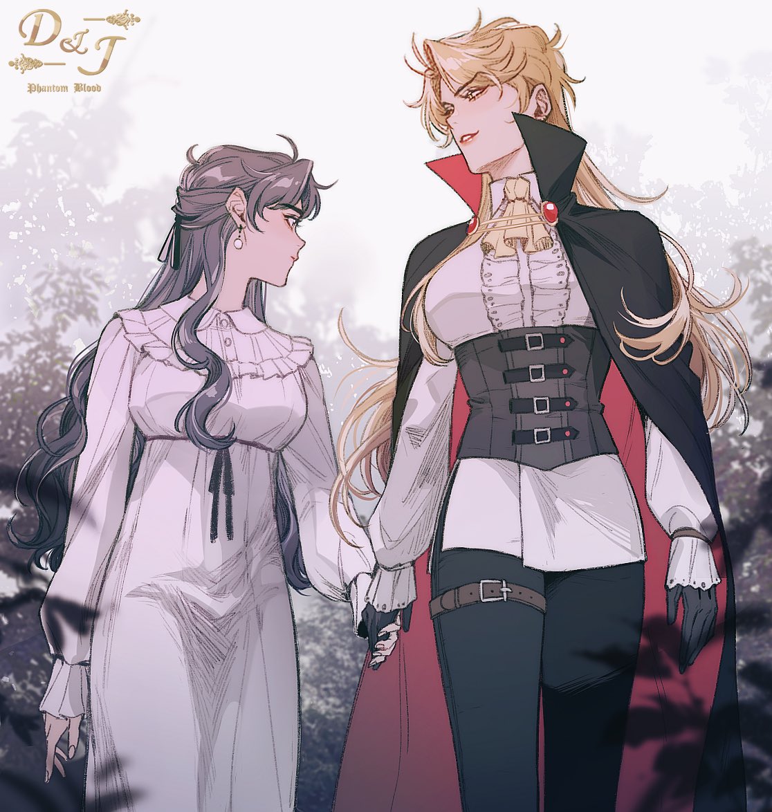 2girls ascot blonde_hair blue_eyes blue_hair breasts cape closed_mouth commentary copyright_name dio_brando dress ear_birthmark european_clothes genderswap genderswap_(mtf) gloves hako_iix07 holding_hands jojo_no_kimyou_na_bouken jonathan_joestar large_breasts long_hair long_sleeves looking_at_another looking_back multiple_girls outdoors parted_lips phantom_blood smile vampire very_long_hair walking white_dress yellow_eyes yuri