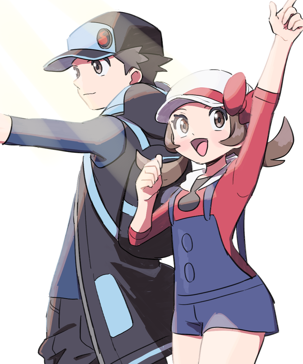 1boy 1girl arms_up backpack bag black_hat black_vest blue_overalls brown_eyes brown_hair commentary_request game_freak hat highres hood hooded_vest hoodie light_rays lyra_(pokemon) nintendo official_alternate_color open_mouth overalls pokemon pokemon_hgss pokemon_masters_ex pumpkinpan red_(pokemon) red_(sygna_suit)_(pokemon) red_shirt shirt smile twintails vest white_hat