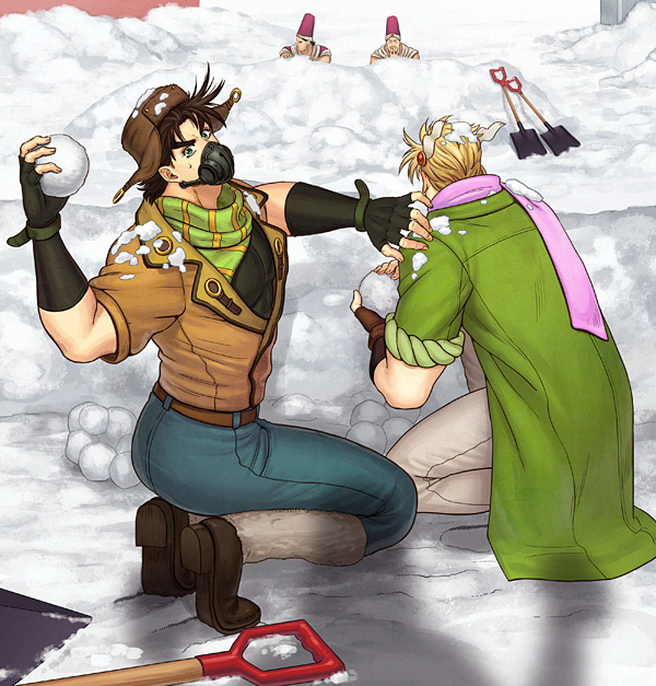 4boys asuteka bomber_hat brown_hair caesar_anthonio_zeppeli denim hat jacket jeans jojo_no_kimyou_na_bouken joseph_joestar joseph_joestar_(young) leg_warmers loggins_(jojo) long_coat male_focus mask messina_(jojo) multiple_boys pants scarf snow snowball snowball_fight spread_legs striped_clothes striped_scarf