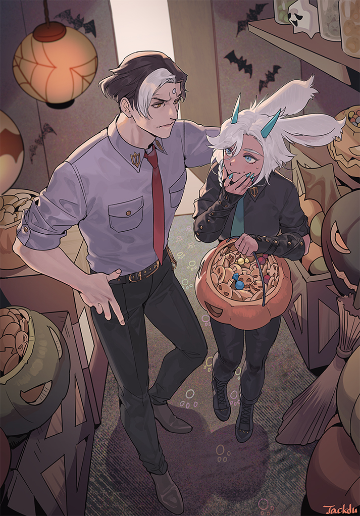 1boy 1girl animal_ears artist_name bat_(animal) black_bracer black_footwear black_pants black_shirt blue_eyes blue_horns blue_nails blue_necktie box bracer breast_pocket broom brown_footwear brown_hair byuub candy caught commentary cookie emet-selch english_commentary fake_horns final_fantasy final_fantasy_xiv fingernails food garlean grey_shirt halloween halloween_bucket hand_on_own_hip horns indoors jack-o&#039;-lantern looking_at_another multicolored_hair necktie pants paw_print picking_up pocket rabbit_ears red_necktie security_guard sharp_fingernails shirt short_hair sweatdrop two-tone_hair viera warrior_of_light_(ff14) white_hair wrapped_candy yellow_eyes
