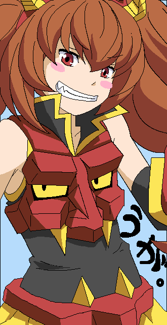 1girl blush_stickers brown_hair commentary_request detached_sleeves expressive_clothes grin horns jaggy_lines looking_at_viewer onica_onis original pleated_skirt red_eyes shirt skirt sleeveless sleeveless_shirt smile solo tomu_(tomubobu) twintails upper_body yellow_horns yellow_skirt